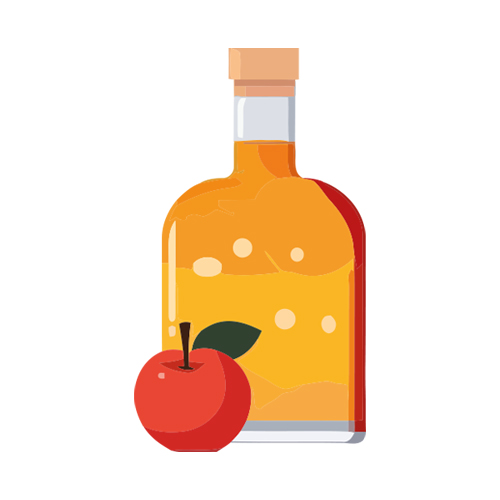 A cartoon illustration of a bottle of apple cider vinegar with an apple sitting in front of it.