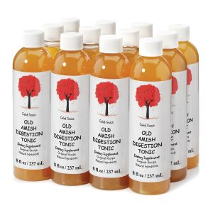 A 12-pack case of Caleb Treeze Organic Farms Digestion Tonic bottles.