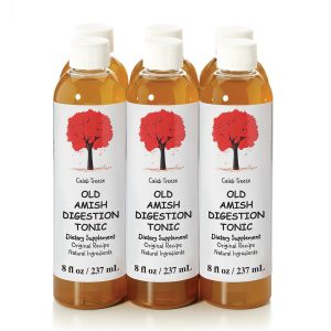 A 6-pack of Caleb Treeze Organic Farms Digestion Tonic bottles.