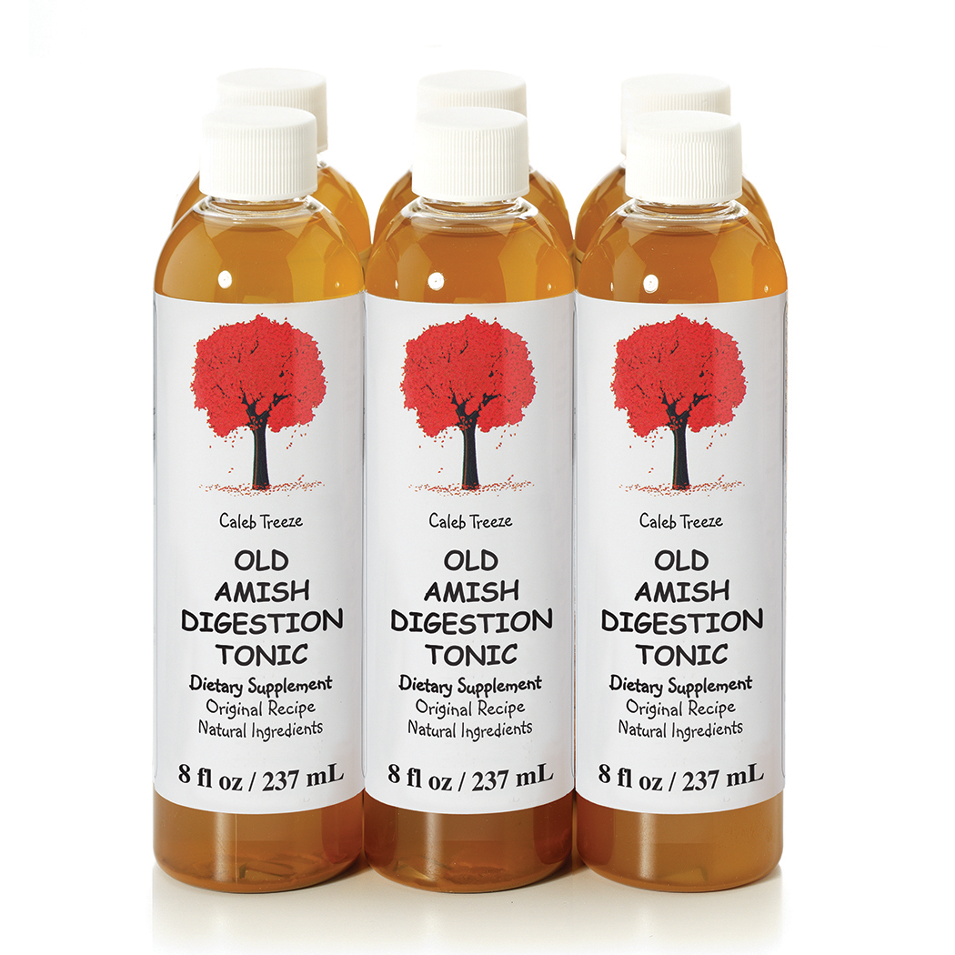 A 6-pack of Caleb Treeze Organic Farms Digestion Tonic bottles.