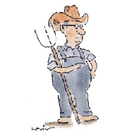 Caleb Treeze Organic Farm-Farmer Small-square A cartoon graphic of a farmer wearing a hat, overalls, standing with a pitchfork.