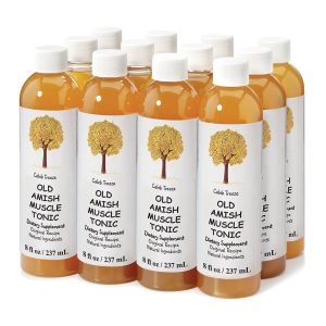 A 12-pack case of Caleb Treeze Organic Farms Muscle Tonic bottles.