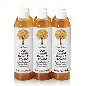 A 6-pack of Caleb Treeze Organic Farms Muscle Tonic bottles.